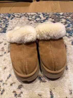 UGG Chestnut Sheepskin Clog Slippers with Cream Fur Trim